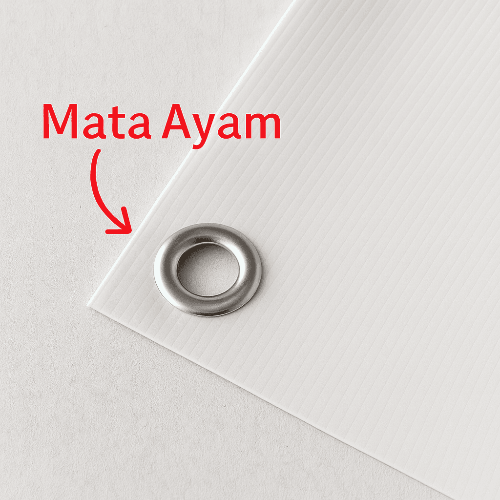 Banner finishing mata ayam pojok Surabaya kuat mudah digantung awet by Titanium Printing